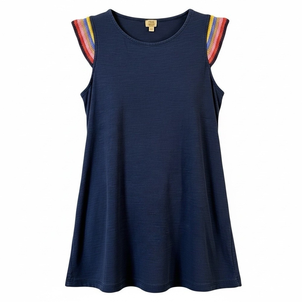 True Craft Navy Crochet Flutter Sleeve Top Women's Small 100% Cotton Boho Casual